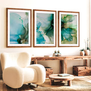 Abstract Flower Print Triptych – Green Fluid Art Wall Decor - Dark Brown Framed Poster with White Border - Artworksets