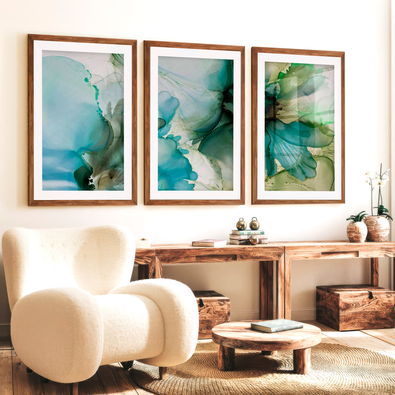 Abstract Flower Print Triptych – Green Fluid Art Wall Decor - Dark Brown Framed Poster with White Border - Artworksets