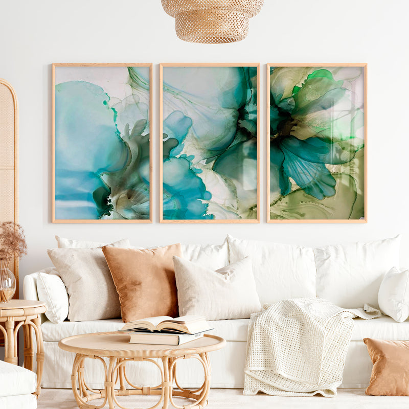 Abstract Flower Print Triptych – Green Fluid Art Wall Decor - Natural Wood Framed Poster No Border - Artworksets