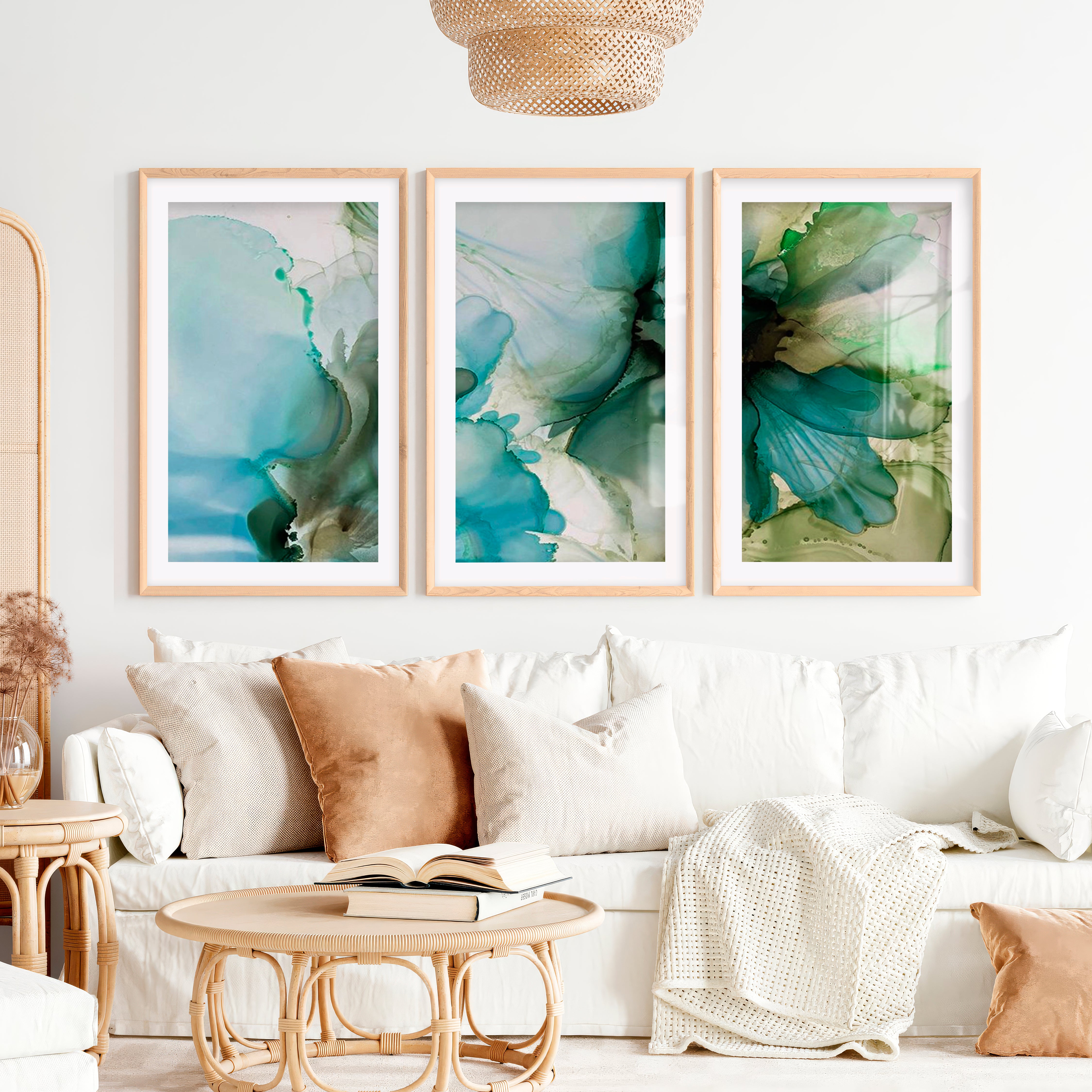Abstract Flower Print Triptych – Green Fluid Art Wall Decor- Natural Wood Framed Poster with White Border - Artworksets