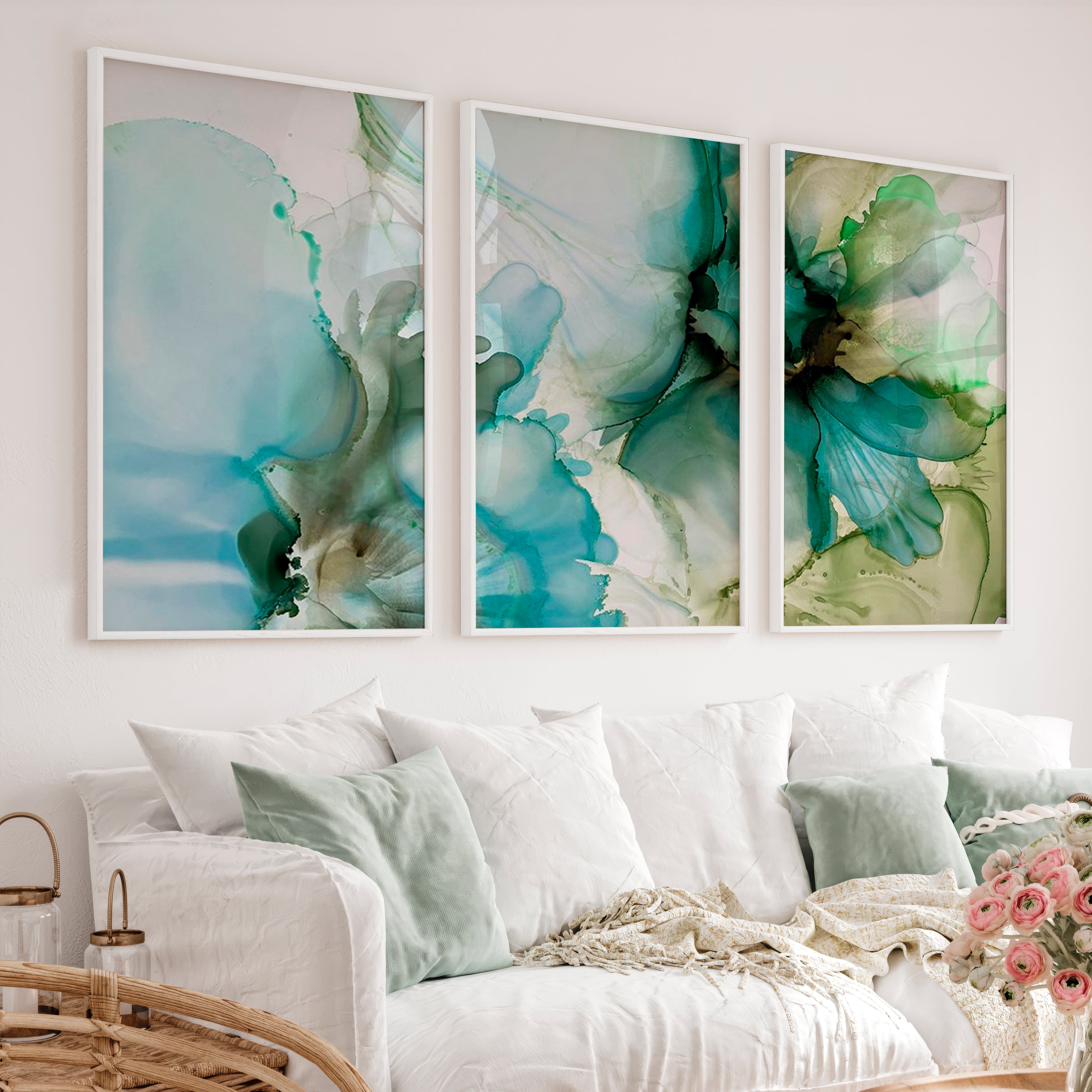 Abstract Flower Print Triptych – Green Fluid Art Wall Decor - White Framed Poster No Border - Artworksets