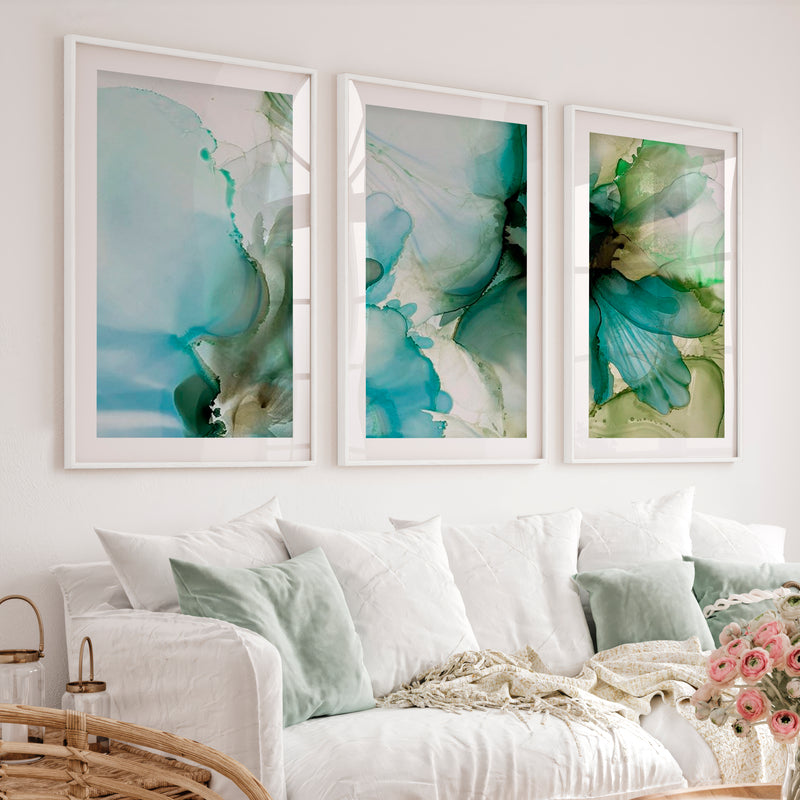 Abstract Flower Print Triptych – Green Fluid Art Wall Decor - White Framed Poster with White Border - Artworksets