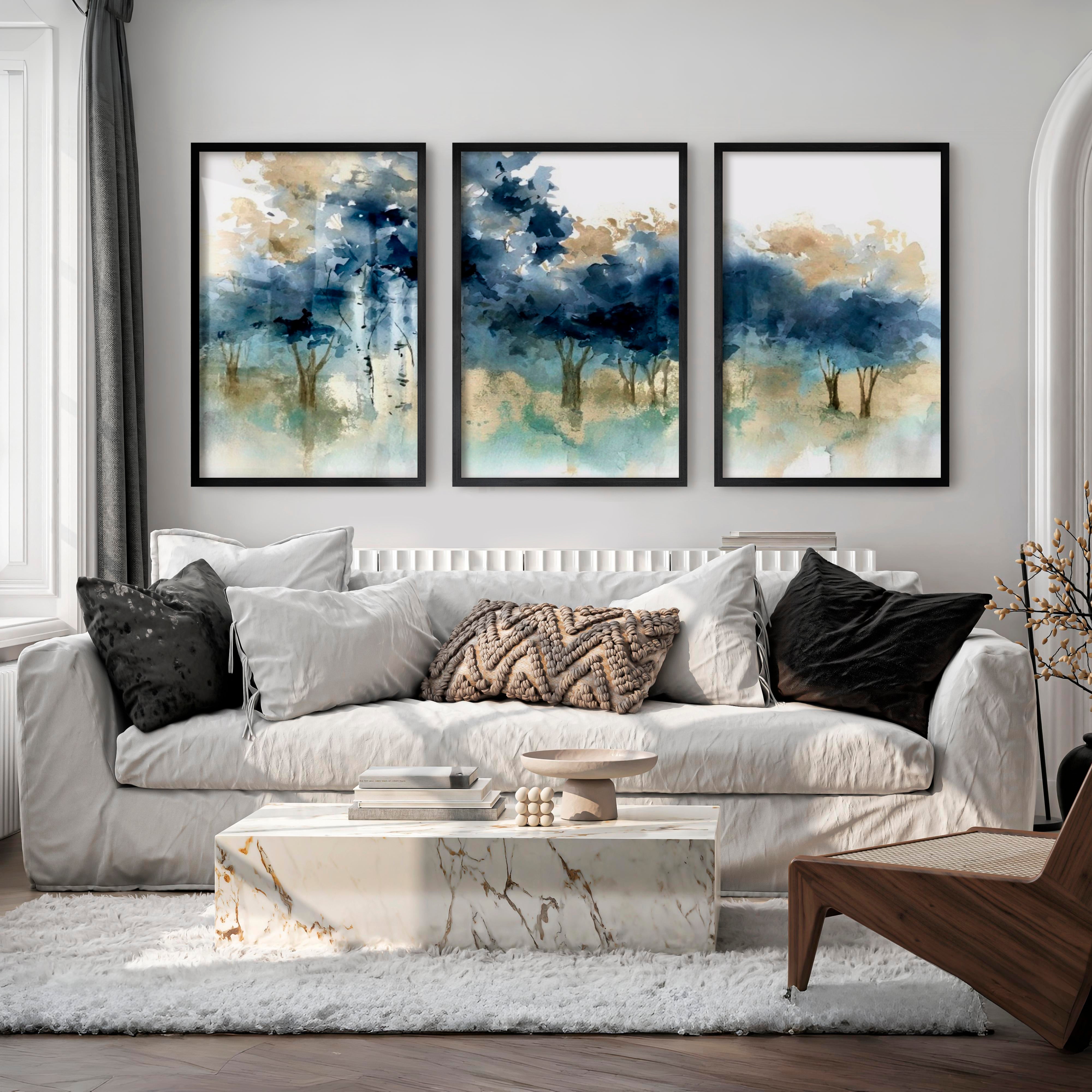 Abstract Forest Painting Wall Art – Set of 3 Prints - Black Framed Poster No Border - Artworksets