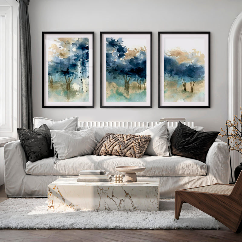 Abstract Forest Painting Wall Art – Set of 3 Prints - Black Framed Poster with White Border - Artworksets