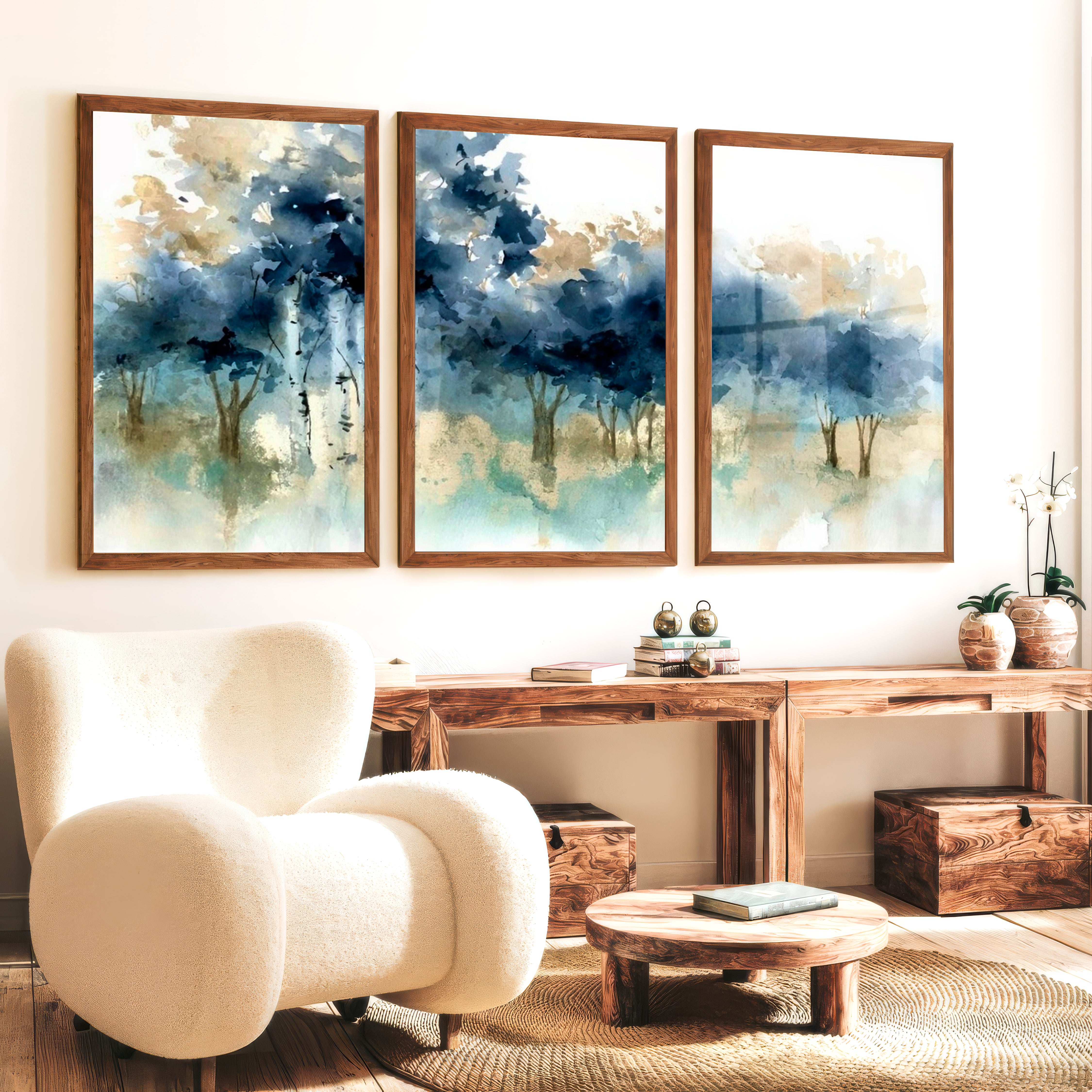 Abstract Forest Painting Wall Art – Set of 3 Prints - Dark Brown Framed Poster No Border - Artworksets