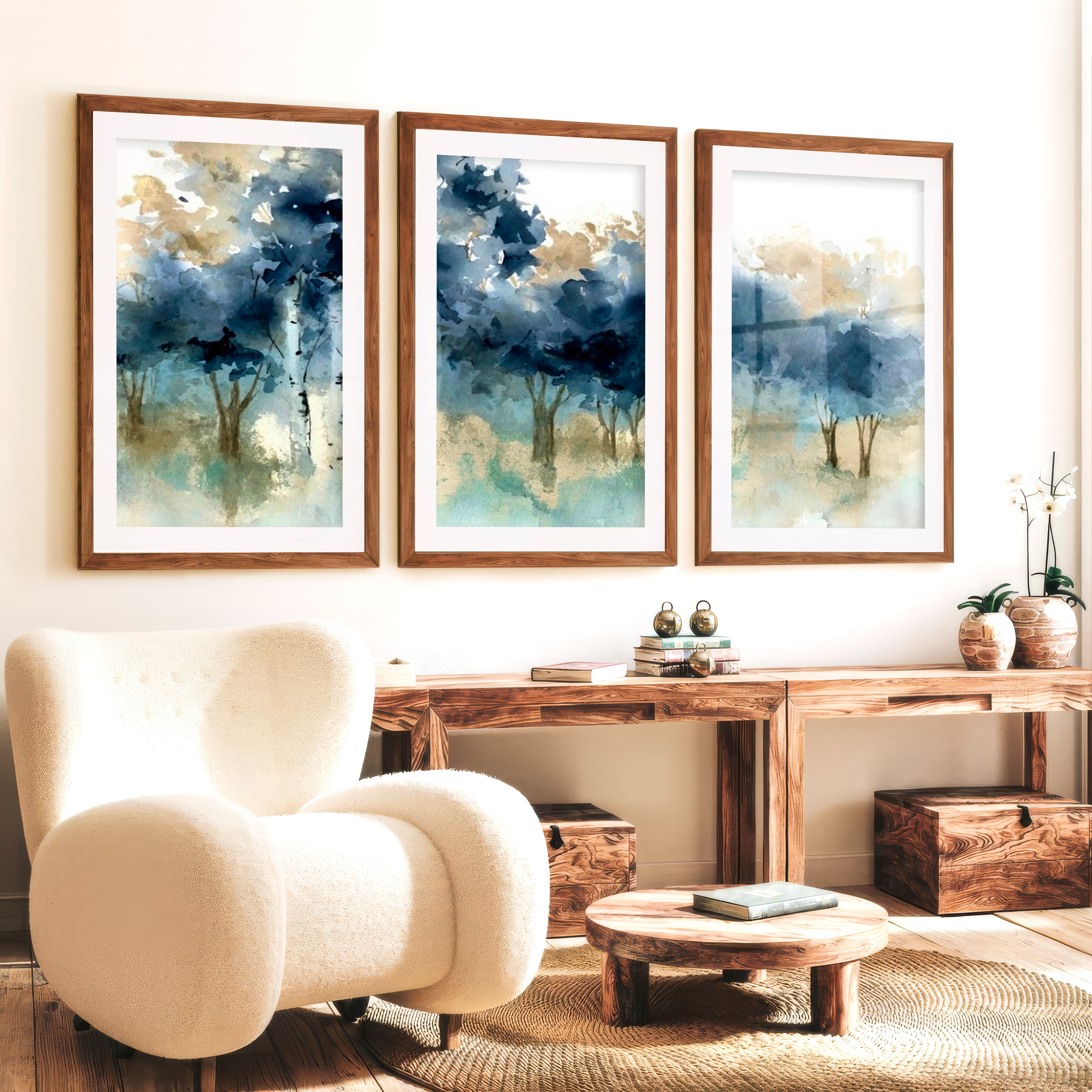 Abstract Forest Painting Wall Art – Set of 3 Prints - Dark Brown Framed Poster with White Border - Artworksets