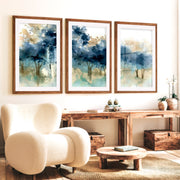 Abstract Forest Painting Wall Art – Set of 3 Prints - Dark Brown Framed Poster with White Border - Artworksets