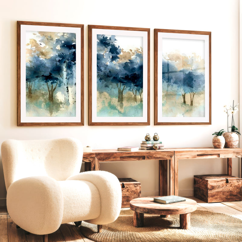 Abstract Forest Painting Wall Art – Set of 3 Prints - Dark Brown Framed Poster with White Border - Artworksets