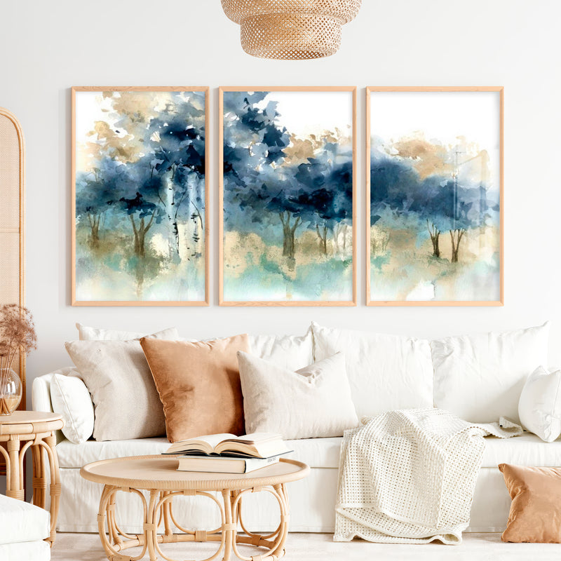 Abstract Forest Painting Wall Art – Set of 3 Prints - Natural Wood Framed Poster No Border - Artworksets