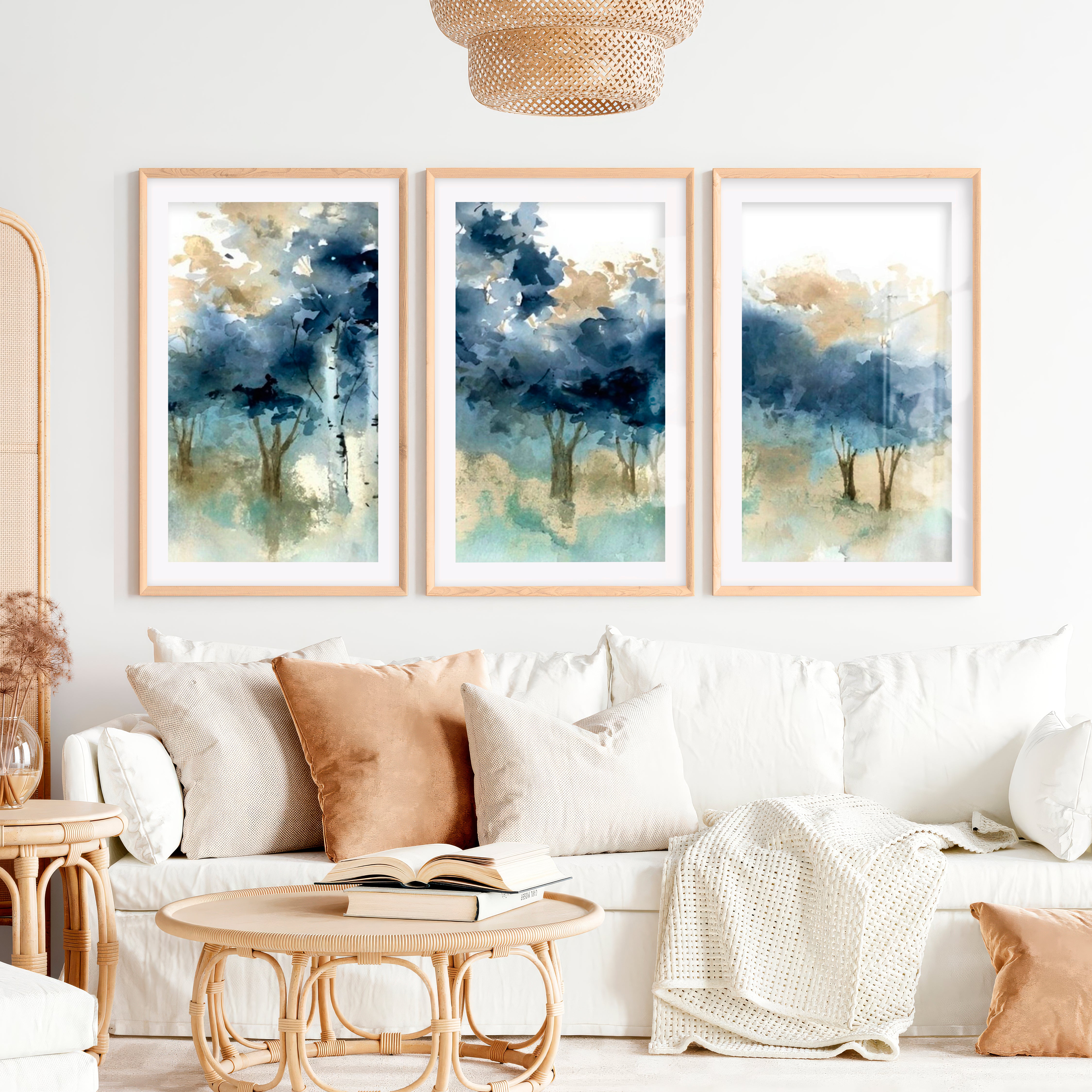 Abstract Forest Painting Wall Art – Set of 3 Prints- Natural Wood Framed Poster with White Border - Artworksets