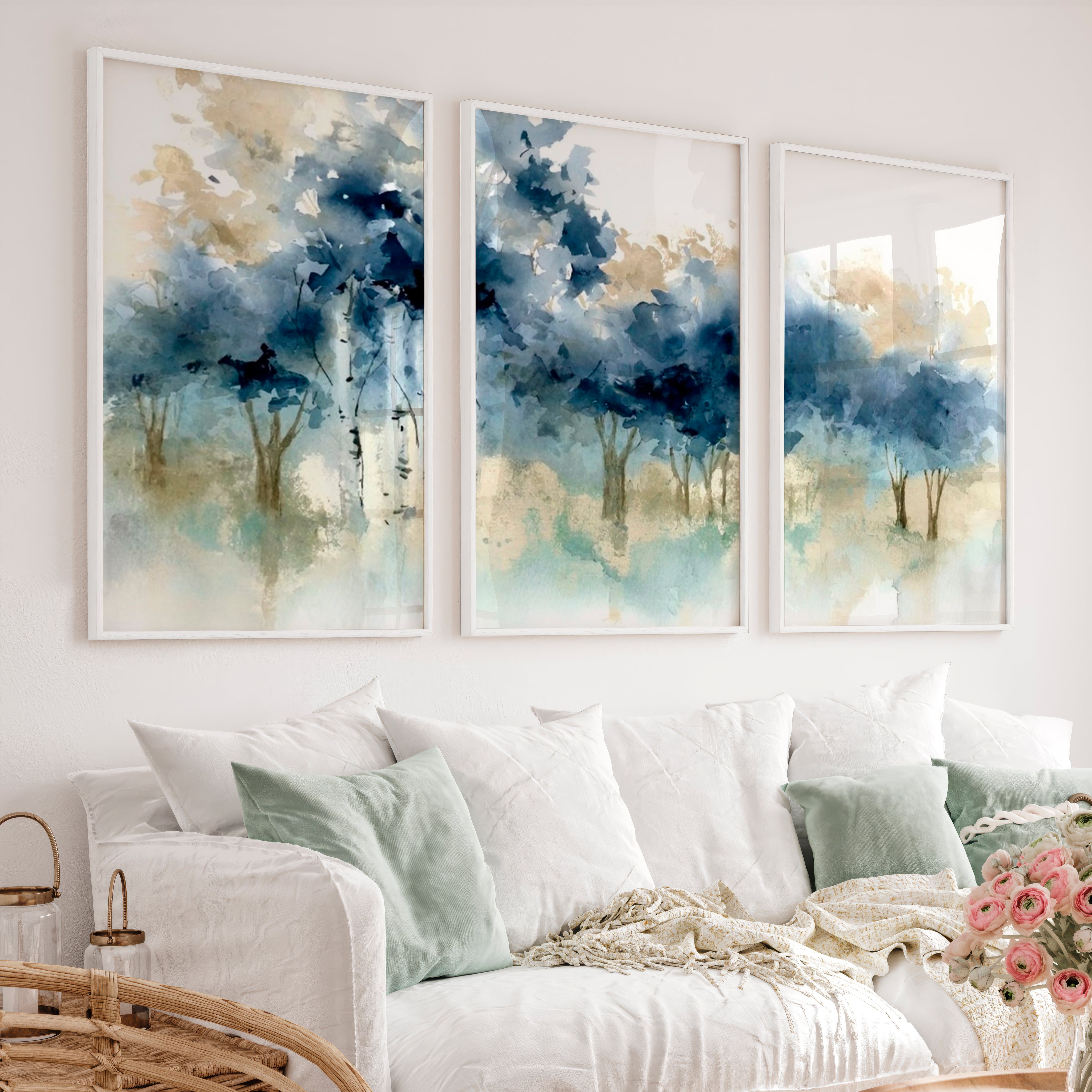 Abstract Forest Painting Wall Art – Set of 3 Prints - White Framed Poster No Border - Artworksets