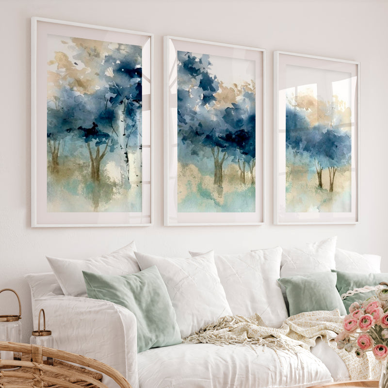 Abstract Forest Painting Wall Art – Set of 3 Prints - White Framed Poster with White Border - Artworksets