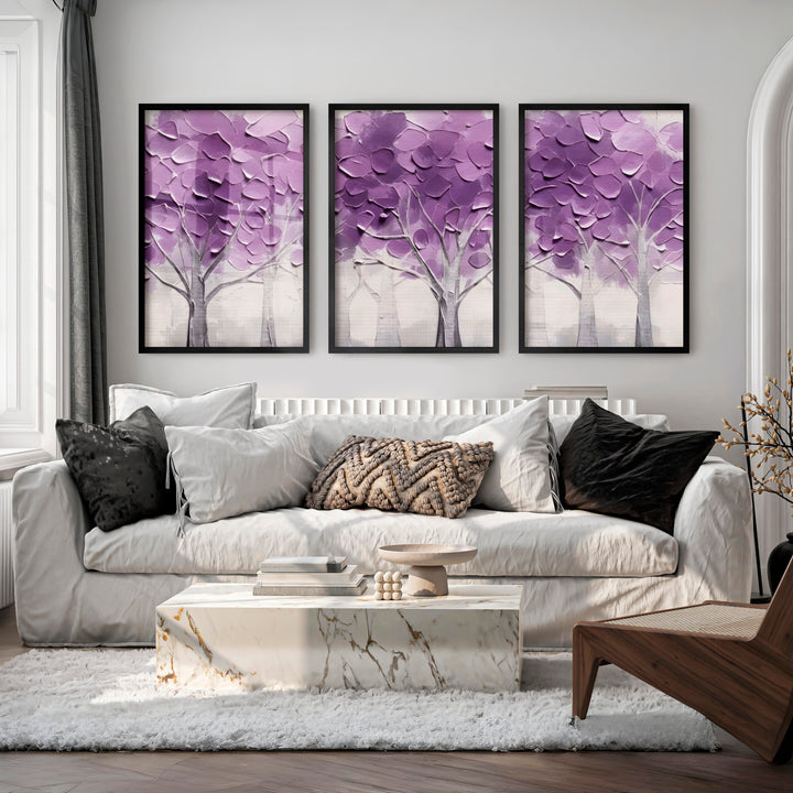 Abstract Forest Wall Art Triptych – Purple Textured Tree Painting - Black Framed Poster No Border - Artworksets