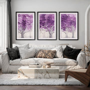 Abstract Forest Wall Art Triptych – Purple Textured Tree Painting - Black Framed Poster with White Border - Artworksets