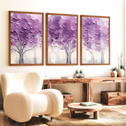 Abstract Forest Wall Art Triptych – Purple Textured Tree Painting - Dark Brown Framed Poster No Border - Artworksets