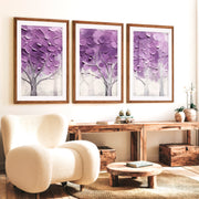 Abstract Forest Wall Art Triptych – Purple Textured Tree Painting - Dark Brown Framed Poster with White Border - Artworksets
