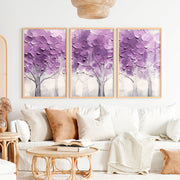 Abstract Forest Wall Art Triptych – Purple Textured Tree Painting - Natural Wood Framed Poster No Border - Artworksets