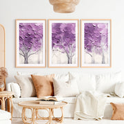 Abstract Forest Wall Art Triptych – Purple Textured Tree Painting- Natural Wood Framed Poster with White Border - Artworksets
