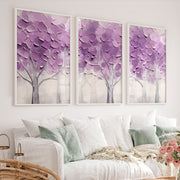 Abstract Forest Wall Art Triptych – Purple Textured Tree Painting - White Framed Poster No Border - Artworksets