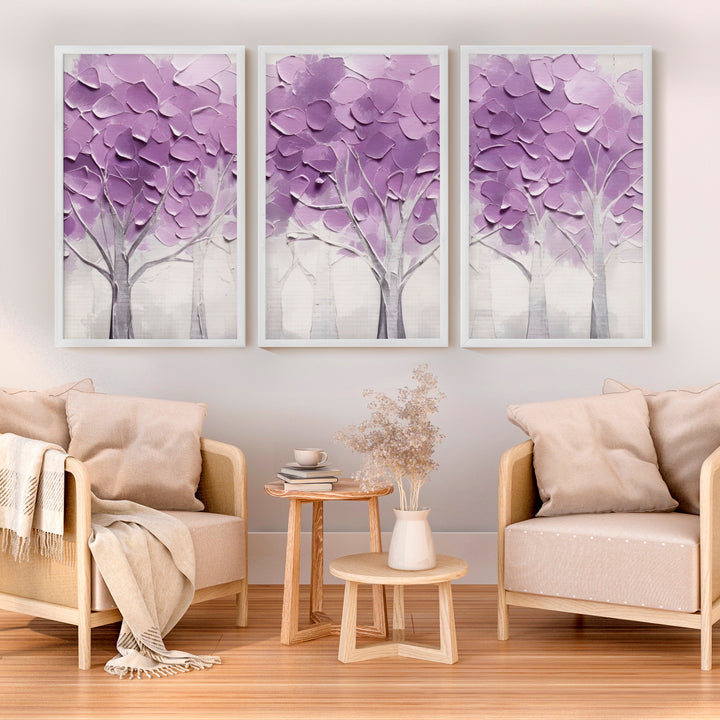 Abstract Forest Wall Art Triptych – Purple Textured Tree Painting - White Framed Poster No Border - Artworksets