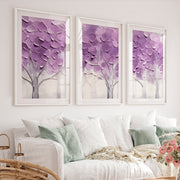 Abstract Forest Wall Art Triptych – Purple Textured Tree Painting - White Framed Poster with White Border - Artworksets