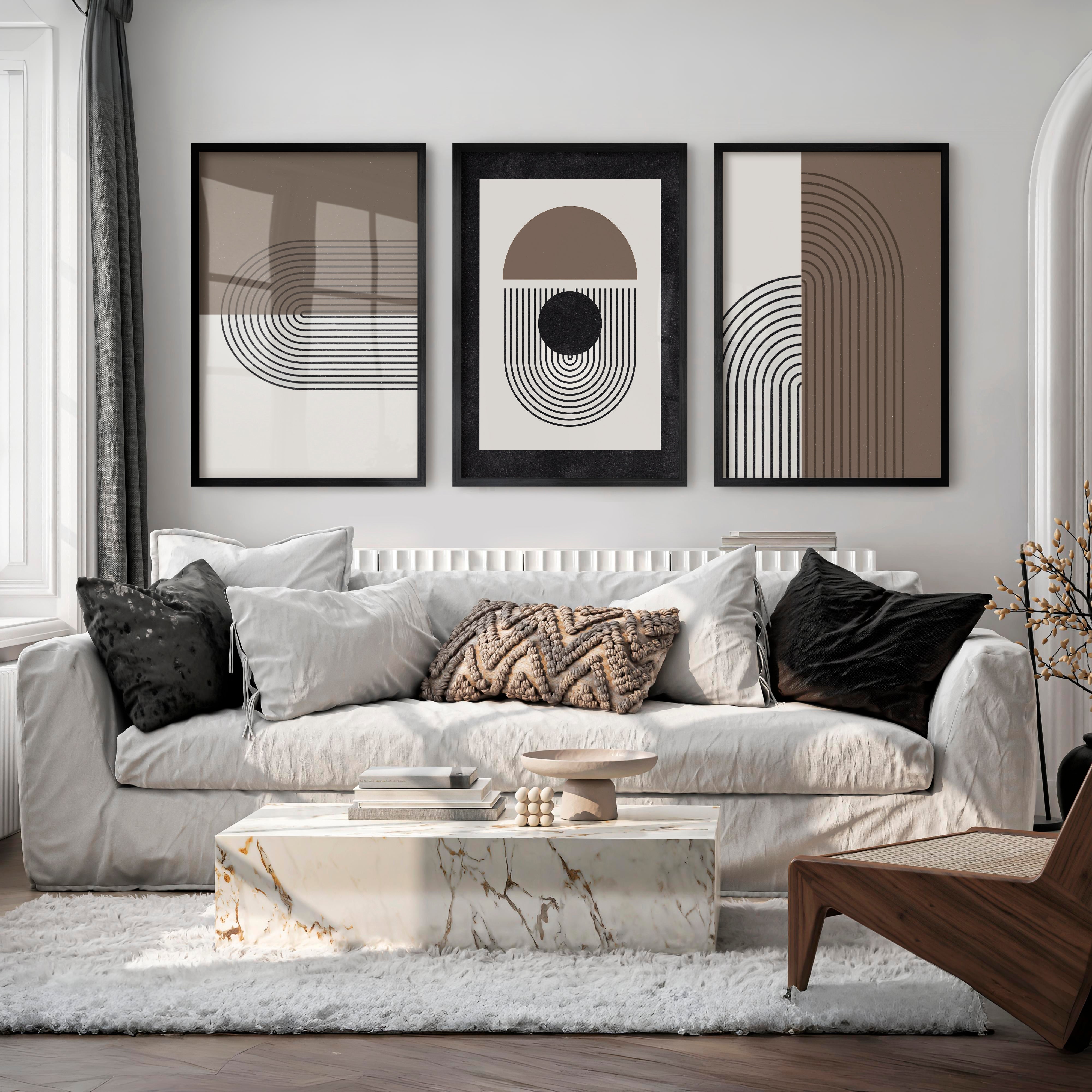 Abstract Geometric Wall Art Modern Neutral Arch Set of 3 - Black Framed Poster No Border - Artworksets