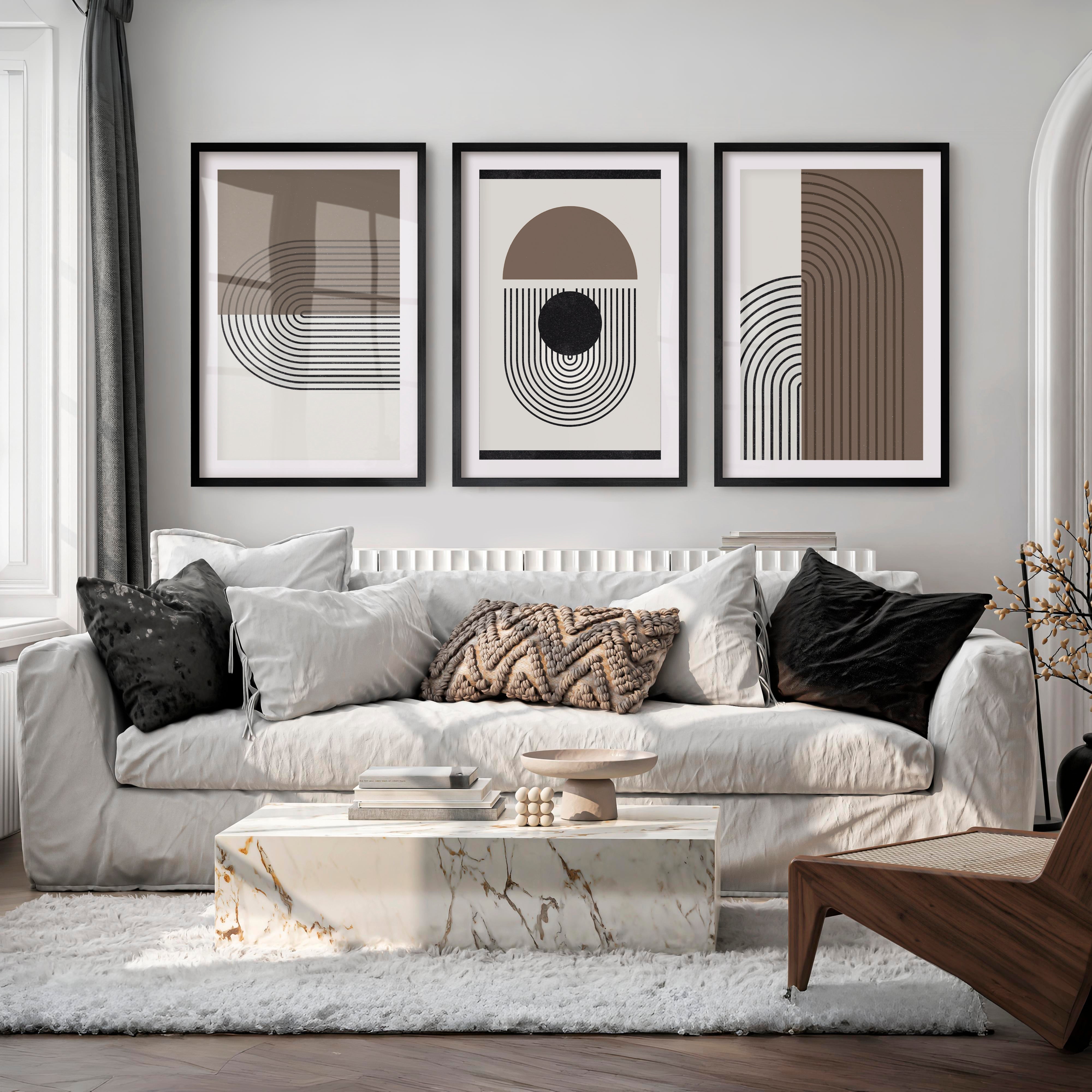 Abstract Geometric Wall Art Modern Neutral Arch Set of 3 - Black Framed Poster with White Border - Artworksets