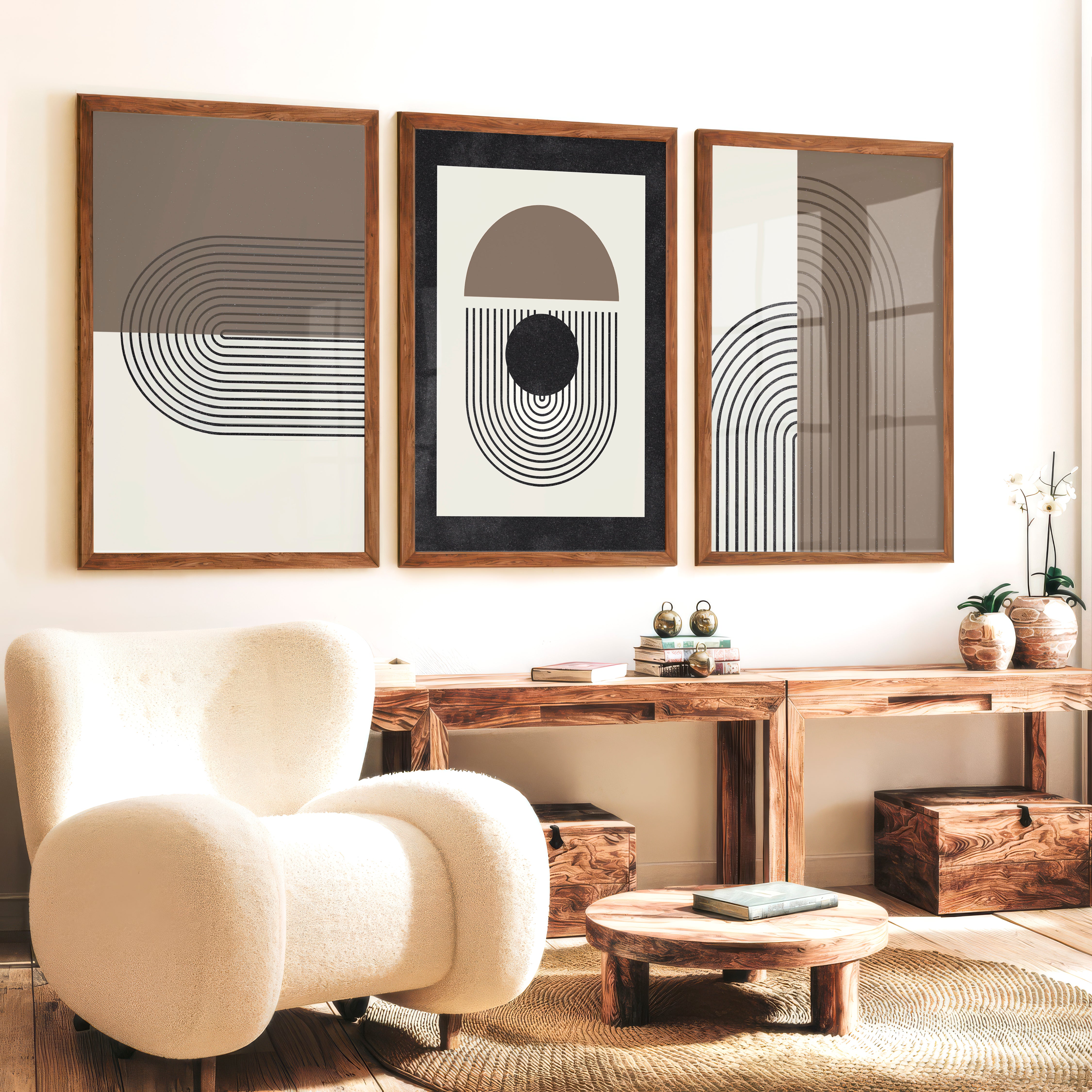 Abstract Geometric Wall Art Modern Neutral Arch Set of 3 - Dark Brown Framed Poster No Border - Artworksets