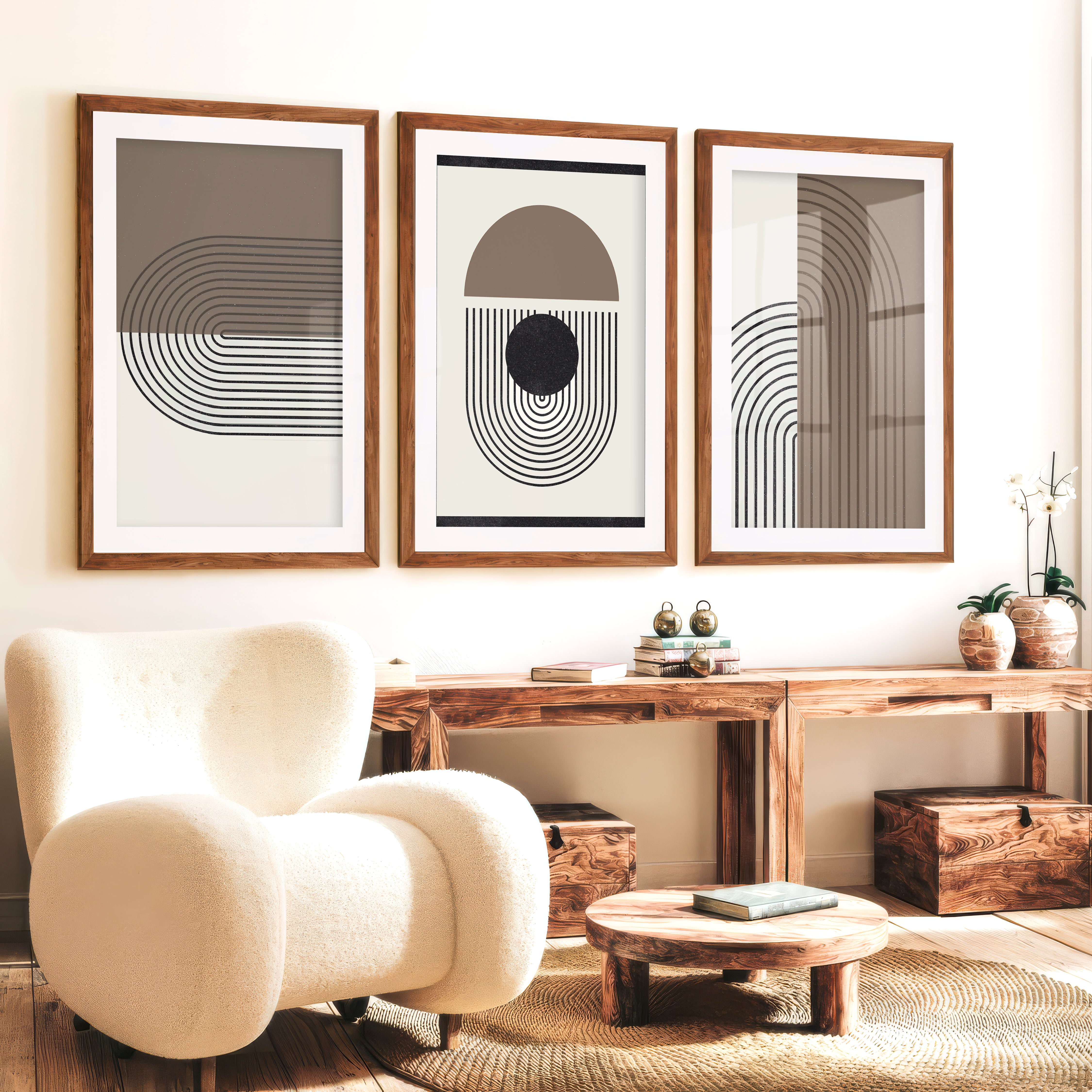 Abstract Geometric Wall Art Modern Neutral Arch Set of 3 - Dark Brown Framed Poster with White Border - Artworksets