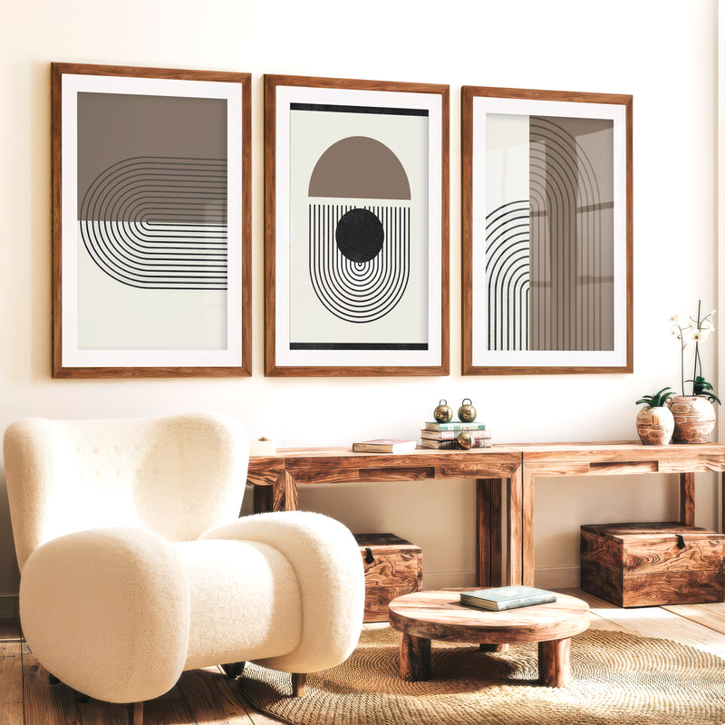 Abstract Geometric Wall Art Modern Neutral Arch Set of 3 - Dark Brown Framed Poster with White Border - Artworksets