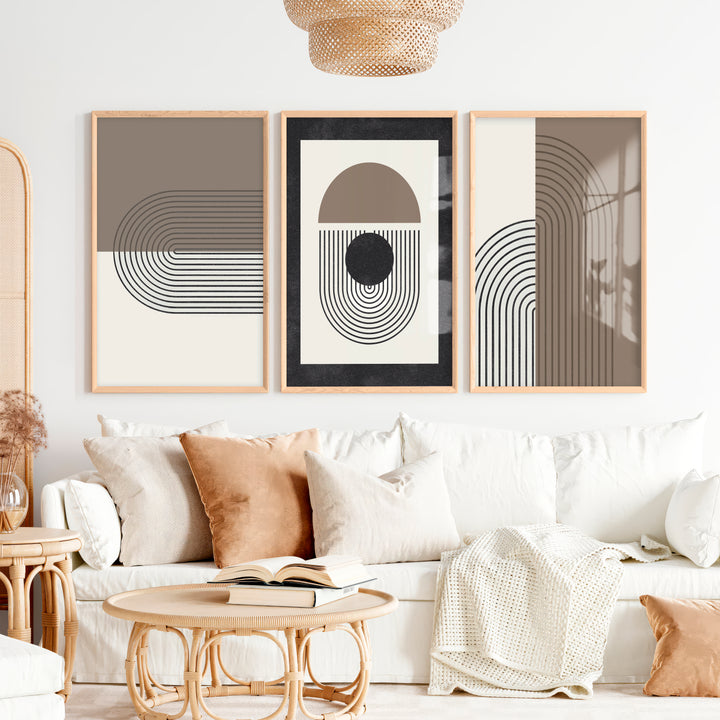 Abstract Geometric Wall Art Modern Neutral Arch Set of 3 - Natural Wood Framed Poster No Border - Artworksets