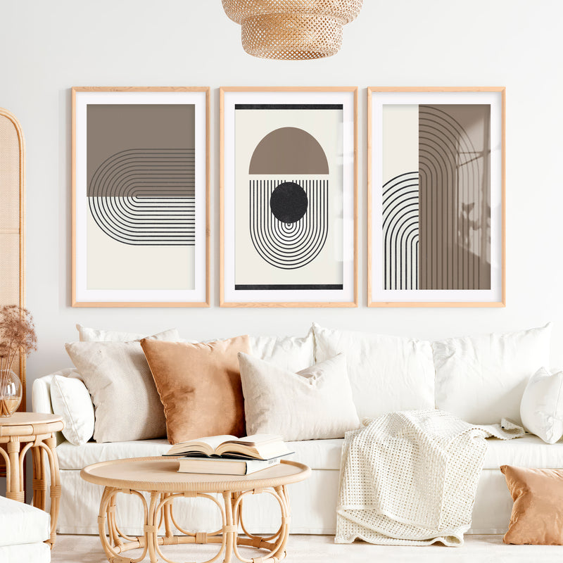 Abstract Geometric Wall Art Modern Neutral Arch Set of 3- Natural Wood Framed Poster with White Border - Artworksets