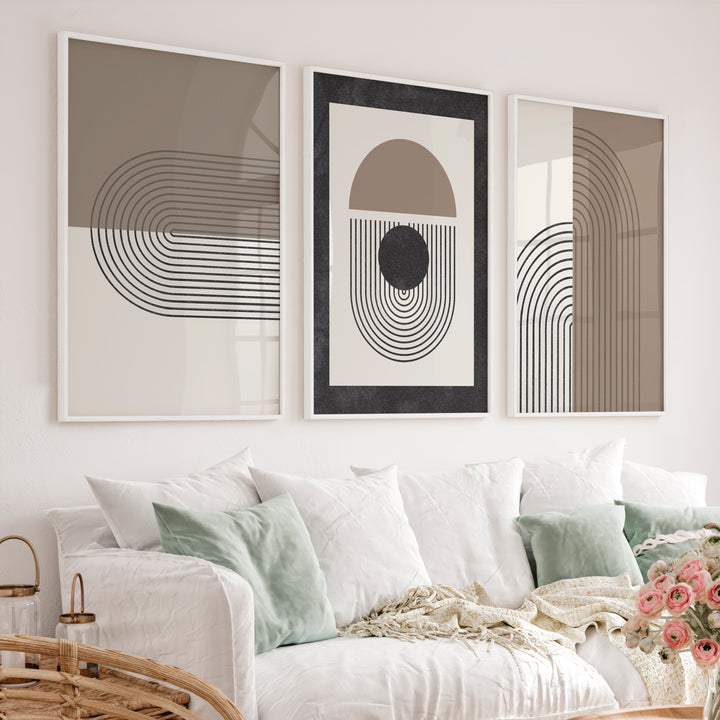 Abstract Geometric Wall Art Modern Neutral Arch Set of 3 - White Framed Poster No Border - Artworksets