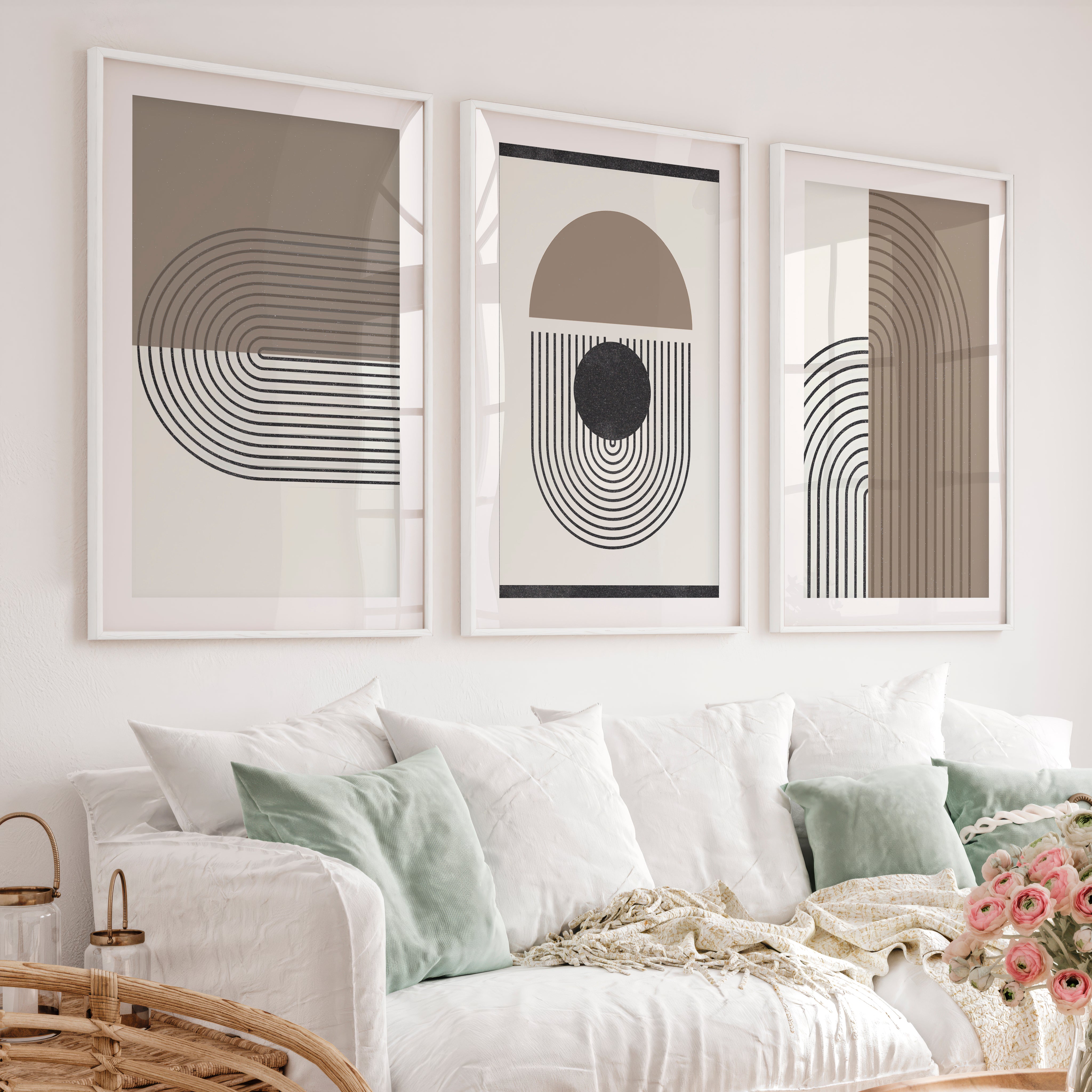 Abstract Geometric Wall Art Modern Neutral Arch Set of 3 - White Framed Poster with White Border - Artworksets