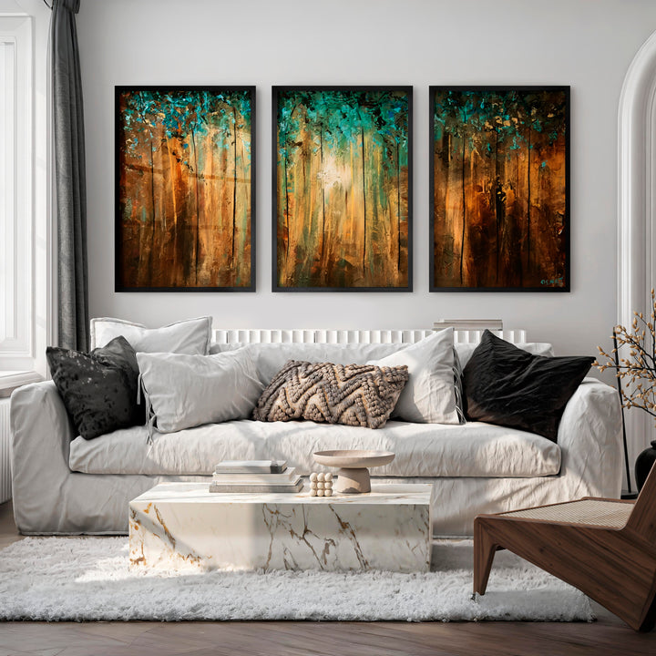 Abstract Gold Wall Art – Textured Forest Triptych Painting - Black Framed Poster No Border - Artworksets
