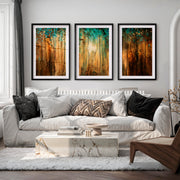 Abstract Gold Wall Art – Textured Forest Triptych Painting - Black Framed Poster with White Border - Artworksets
