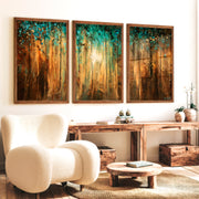 Abstract Gold Wall Art – Textured Forest Triptych Painting - Dark Brown Framed Poster No Border - Artworksets