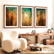 Abstract Gold Wall Art – Textured Forest Triptych Painting - Dark Brown Framed Poster with White Border - Artworksets