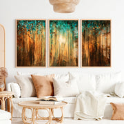 Abstract Gold Wall Art – Textured Forest Triptych Painting - Natural Wood Framed Poster No Border - Artworksets