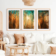Abstract Gold Wall Art – Textured Forest Triptych Painting- Natural Wood Framed Poster with White Border - Artworksets