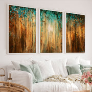Abstract Gold Wall Art – Textured Forest Triptych Painting - White Framed Poster No Border - Artworksets