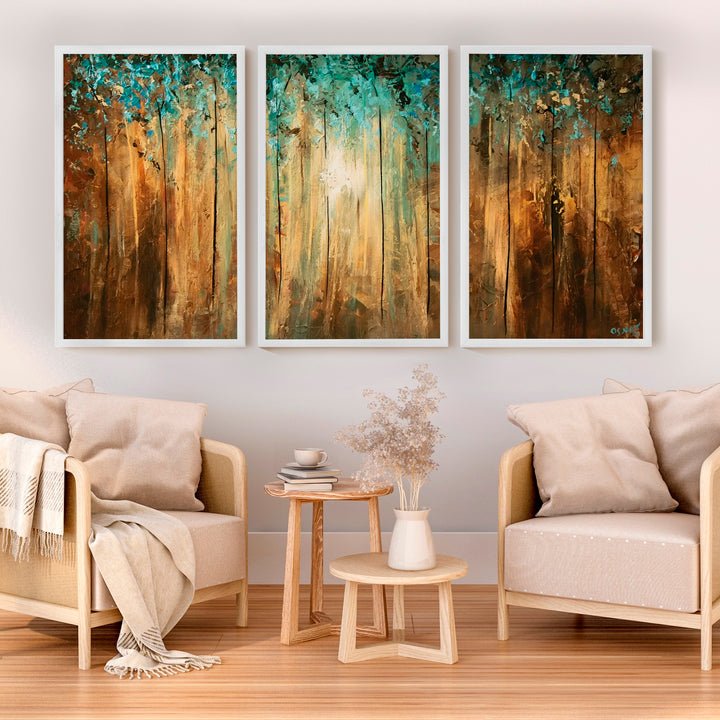 Abstract Gold Wall Art – Textured Forest Triptych Painting - White Framed Poster No Border - Artworksets