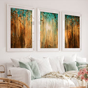 Abstract Gold Wall Art – Textured Forest Triptych Painting - White Framed Poster with White Border - Artworksets