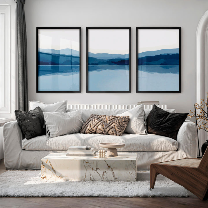 Abstract Landscape Art Prints Set of 3 – Modern Blue Mountain Triptych - Black Framed Poster No Border - Artworksets