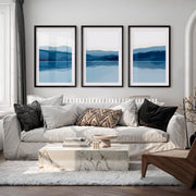 Abstract Landscape Art Prints Set of 3 – Modern Blue Mountain Triptych - Black Framed Poster with White Border - Artworksets