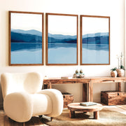 Abstract Landscape Art Prints Set of 3 – Modern Blue Mountain Triptych - Dark Brown Framed Poster No Border - Artworksets