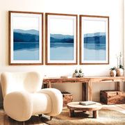 Abstract Landscape Art Prints Set of 3 – Modern Blue Mountain Triptych - Dark Brown Framed Poster with White Border - Artworksets
