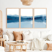 Abstract Landscape Art Prints Set of 3 – Modern Blue Mountain Triptych - Natural Wood Framed Poster No Border - Artworksets