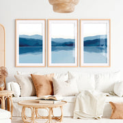 Abstract Landscape Art Prints Set of 3 – Modern Blue Mountain Triptych- Natural Wood Framed Poster with White Border - Artworksets