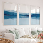 Abstract Landscape Art Prints Set of 3 – Modern Blue Mountain Triptych - White Framed Poster No Border - Artworksets